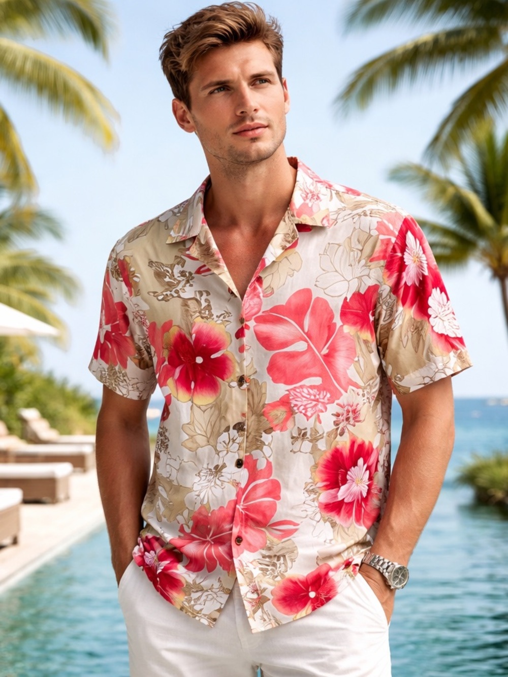 Caribbean Joe Coral Floral Camp Shirt - Coral & Tan